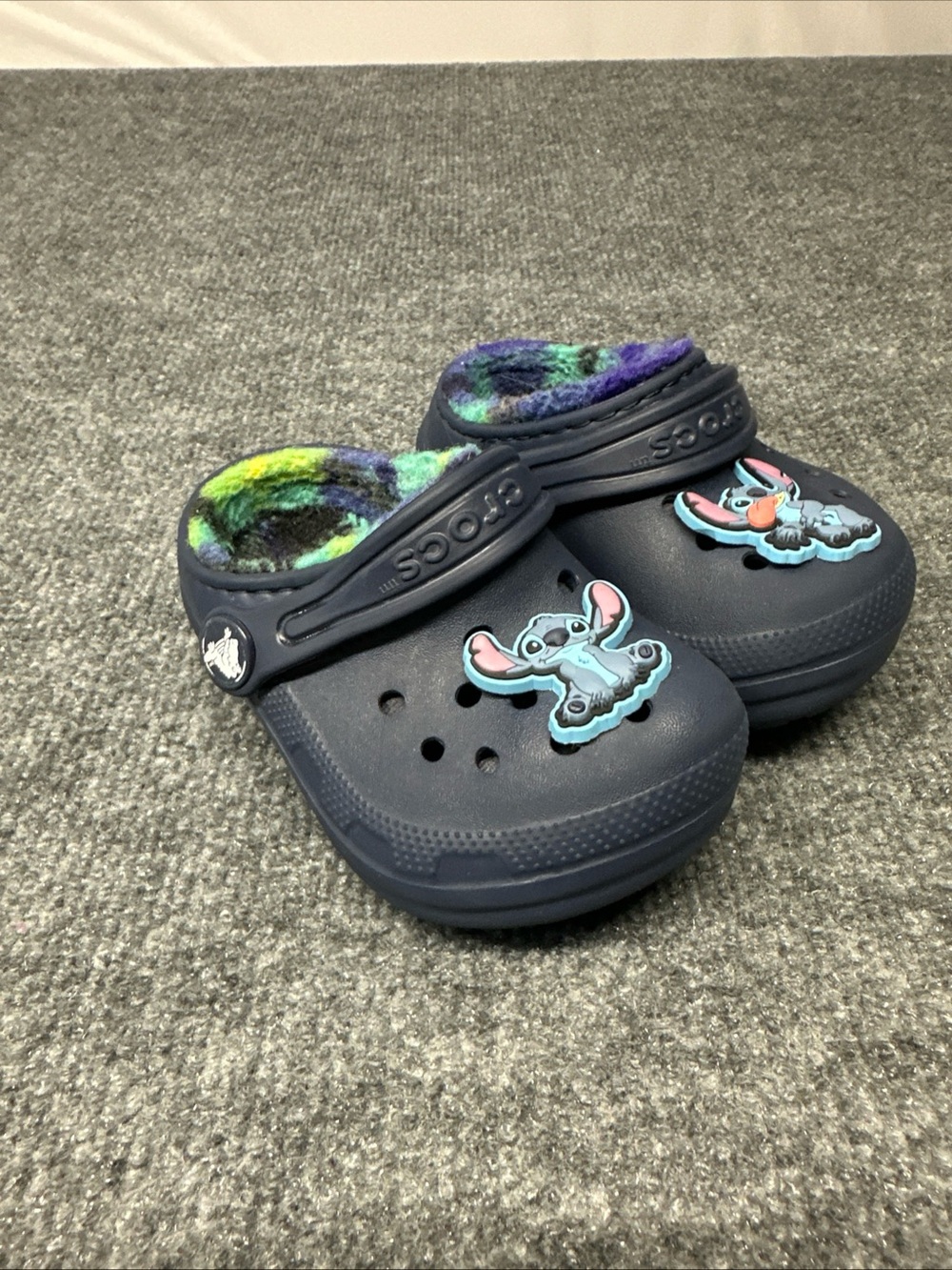 CROCS Kids Navy Blue Fuzzy-Lined Clogs with Stitch Charms